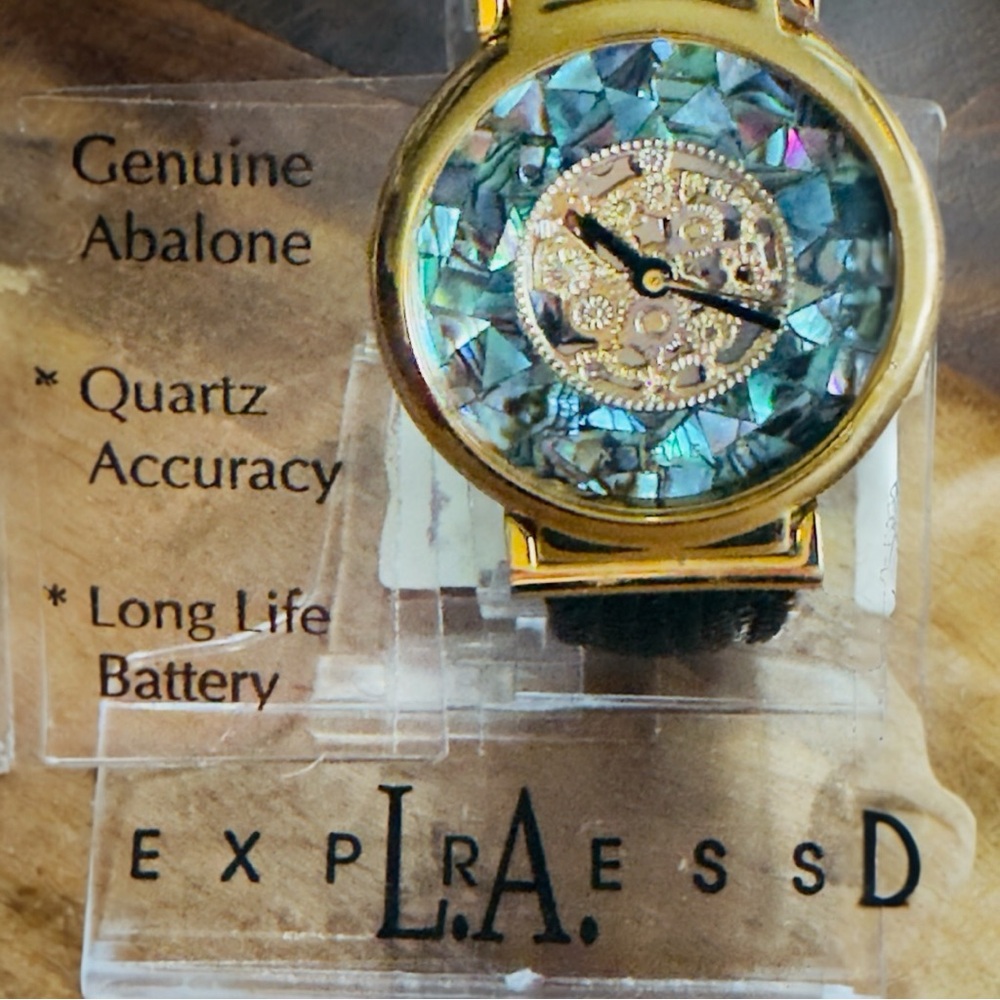 VTG Fashion Watch Mosaic Abalone Skeleton Gear Express L.A Branded Packaging NOS